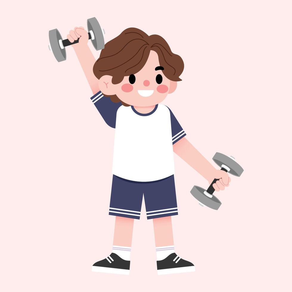 A boy holding two dumbbells in his hands vector