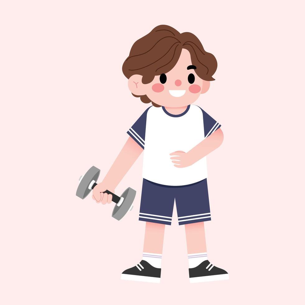 A boy holding a dumbbell in his hand vector