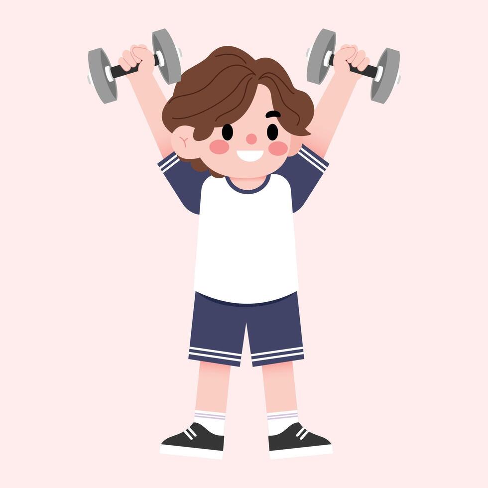 A boy lifting dumbbells in cartoon style vector