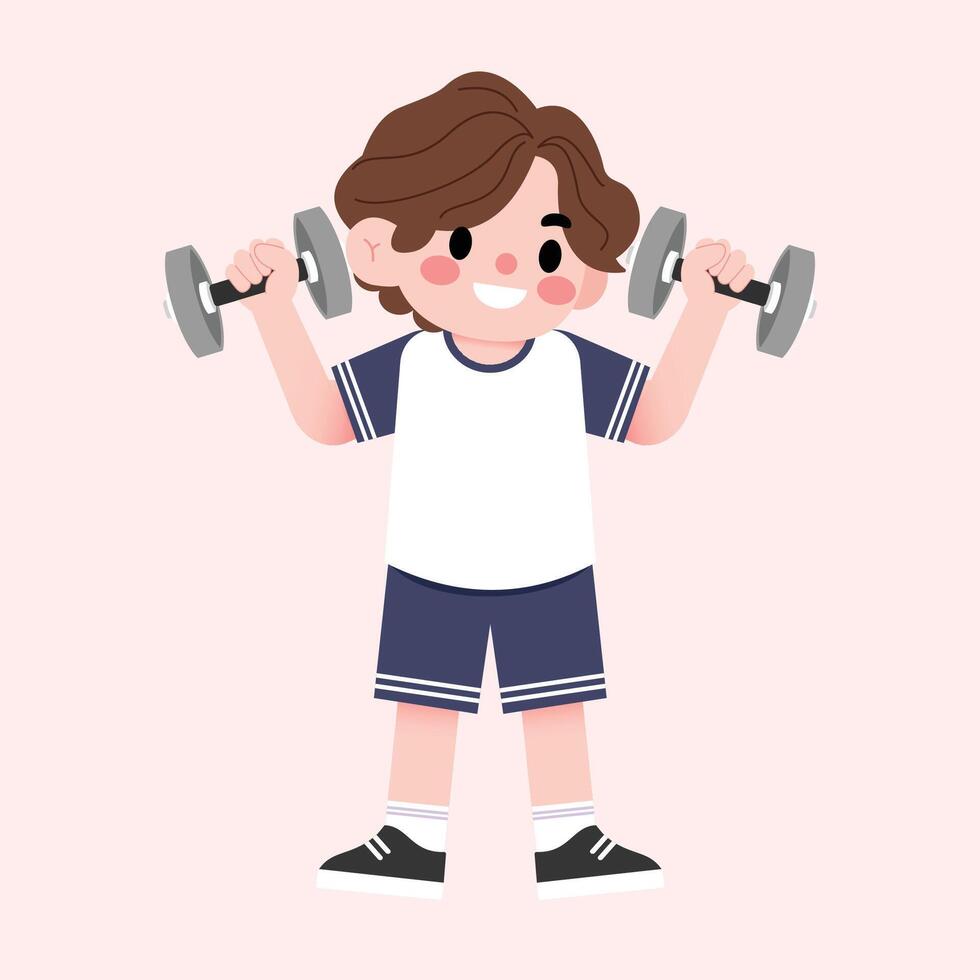 A cartoon boy lifting weights with a dumbbell vector