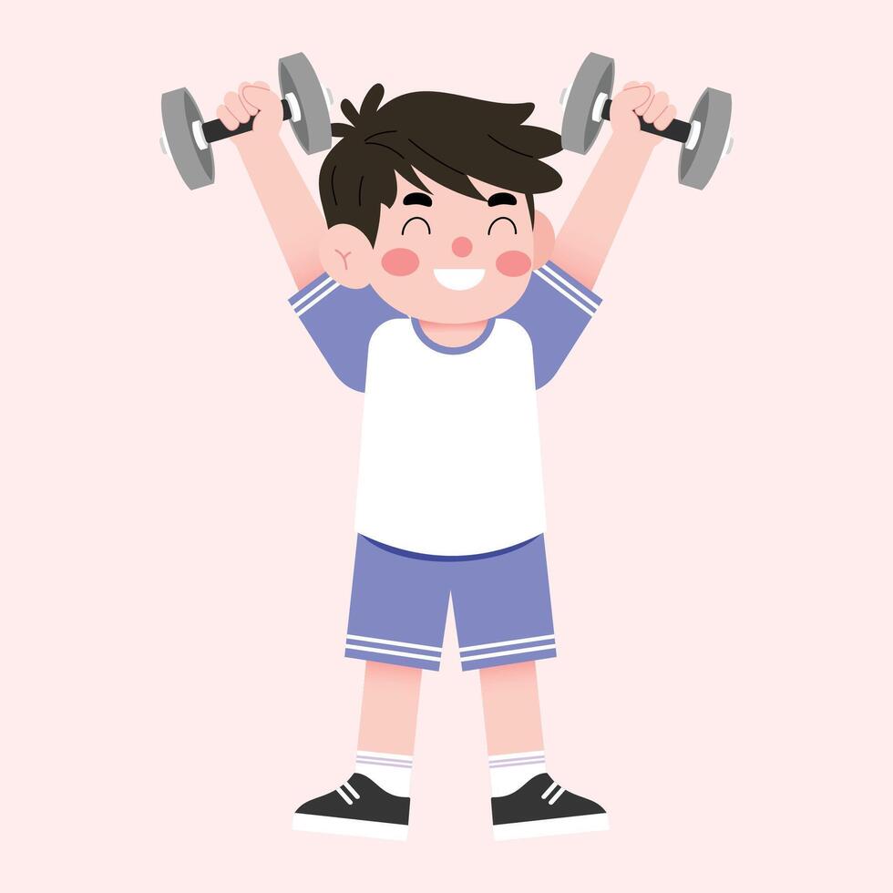 A boy lifting weights with his hands vector