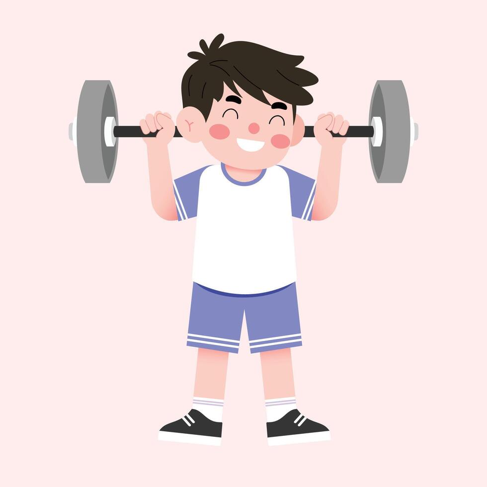 A boy lifting a barbell in a cartoon style vector