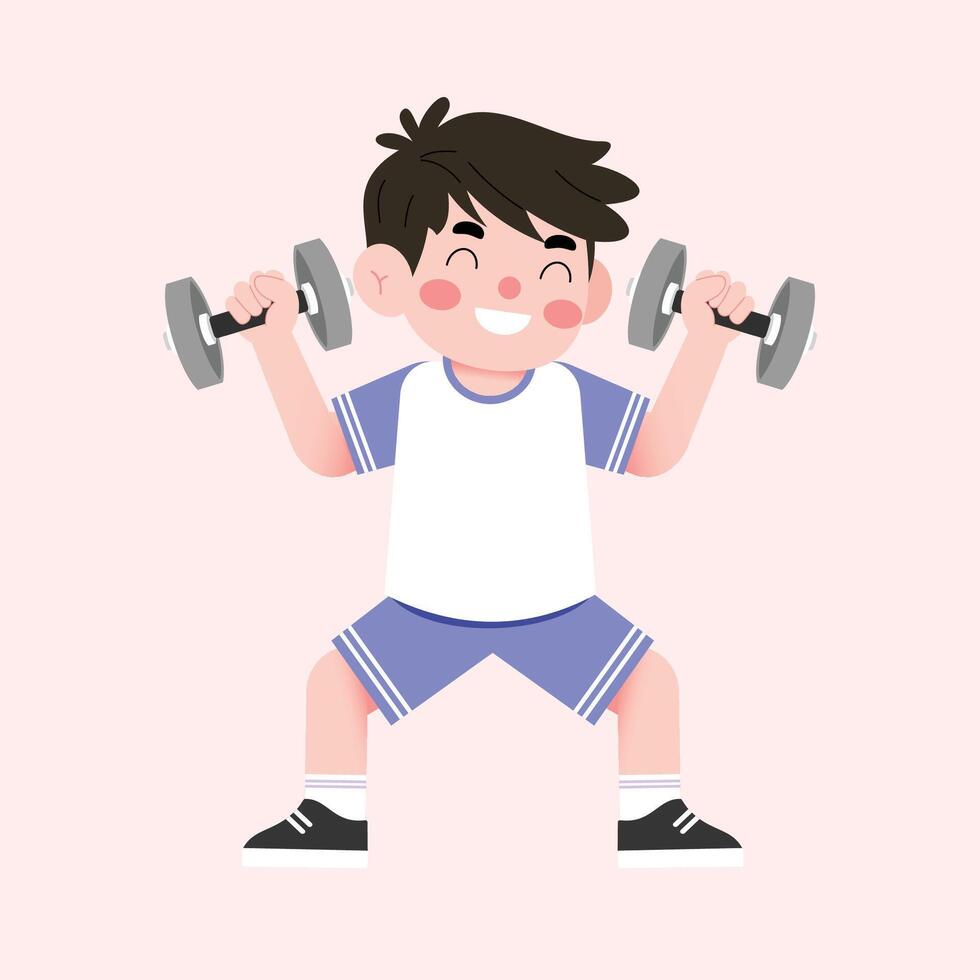 A boy is doing dumbbell exercises vector
