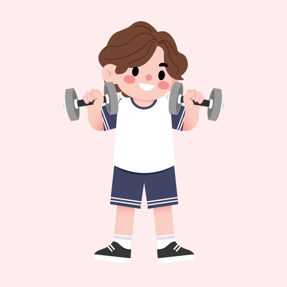 A cartoon boy lifting dumbbells vector