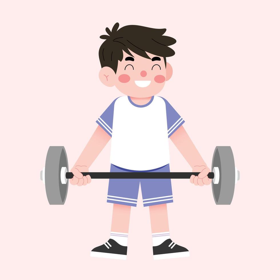 A boy holding a barbell in his hands vector