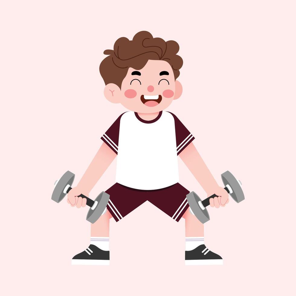 A cartoon boy doing dumbbell exercises vector