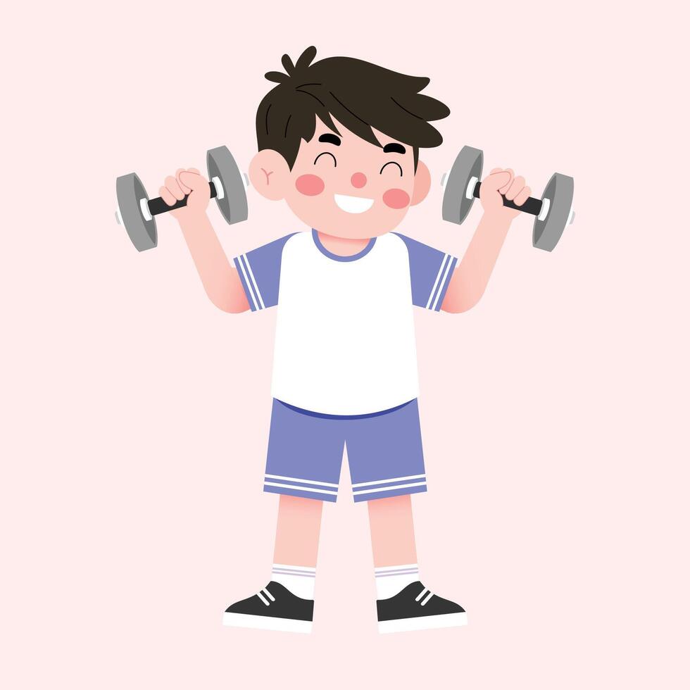A boy is lifting weights with dumbbells vector