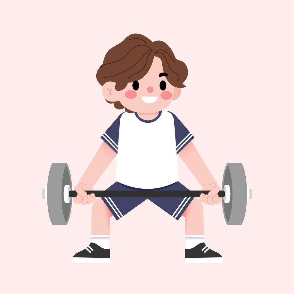 A cartoon boy lifting a barbell vector