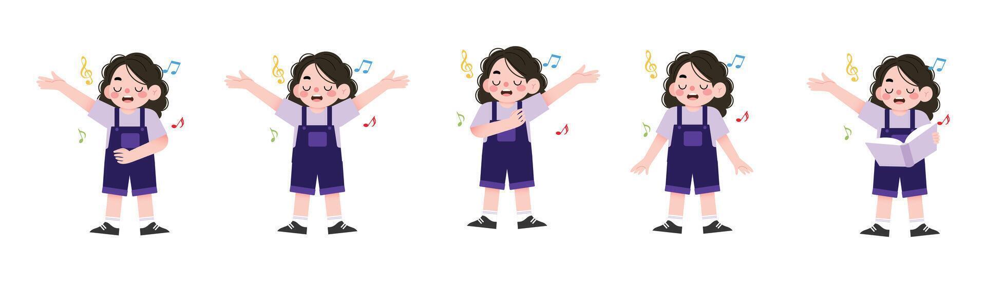 A cartoon girl in different poses with her hands up vector