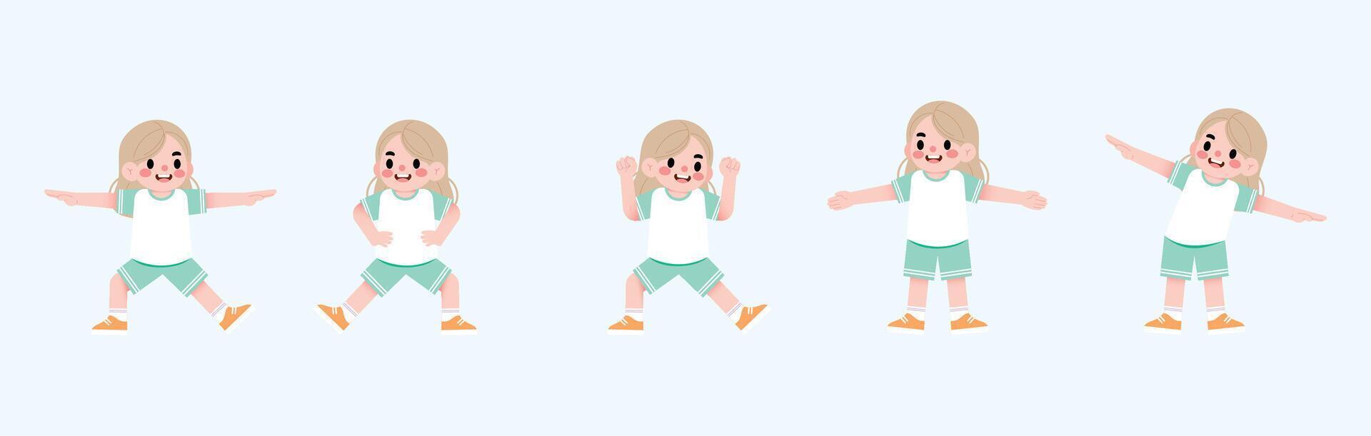 A cartoon girl in different poses, holding a ball vector