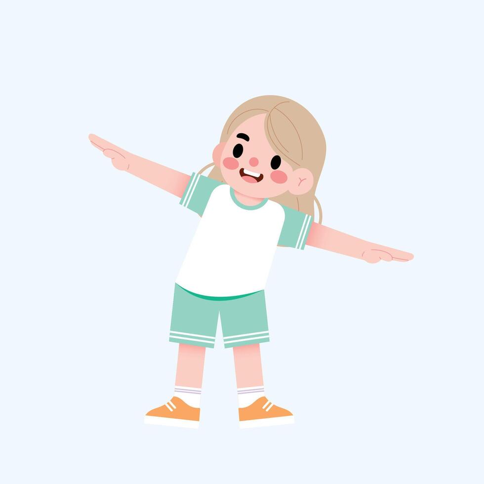 A little girl in a t - shirt and shorts is pointing with her arms out vector