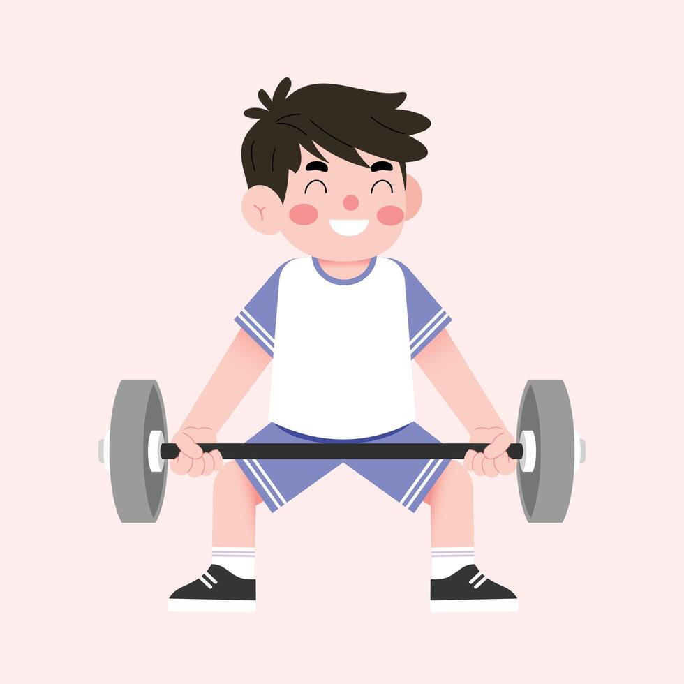 A boy is doing a barbell squat with a barbell vector