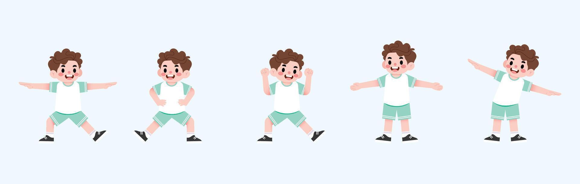 Cartoon boy in different poses, one with his arms up vector