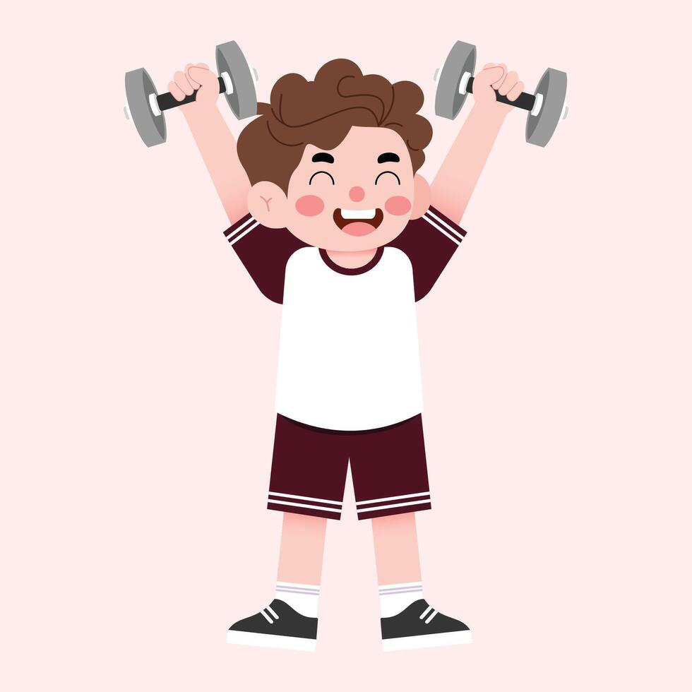 A boy lifting weights with his hands vector