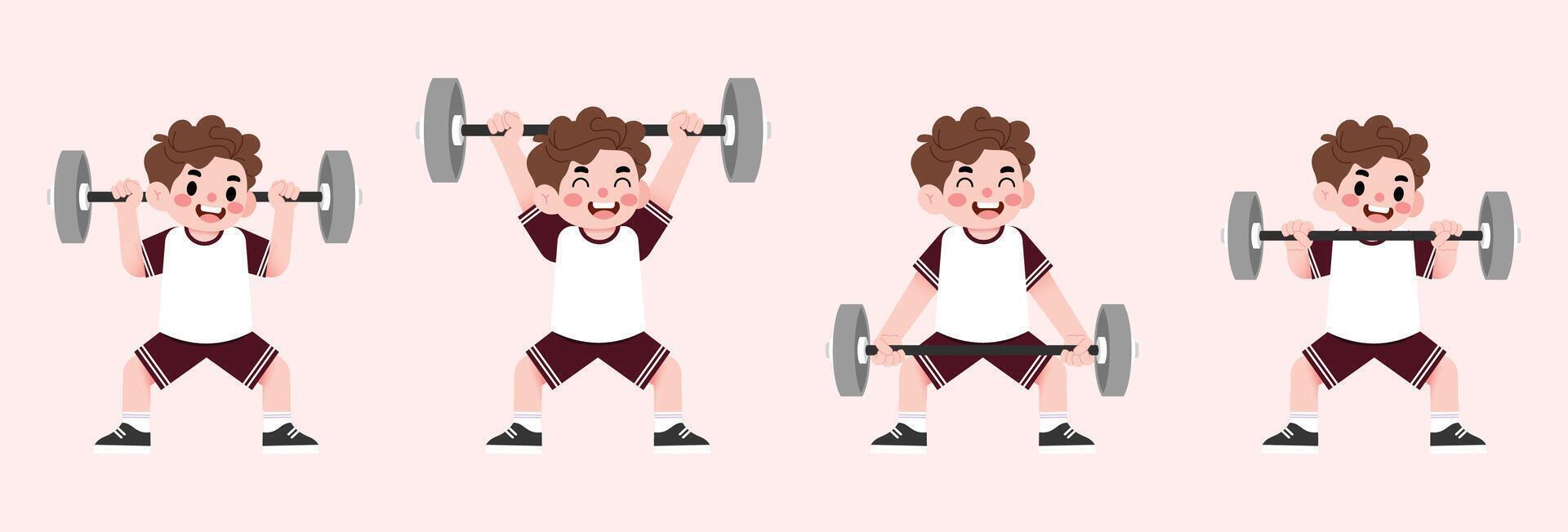 A cartoon boy doing different exercises with a barbell vector