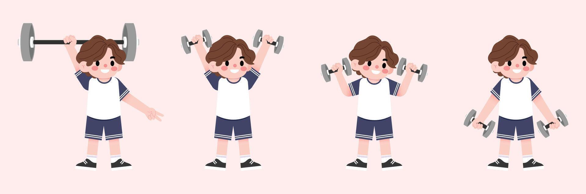 A cartoon boy doing different exercises with dumbbells vector