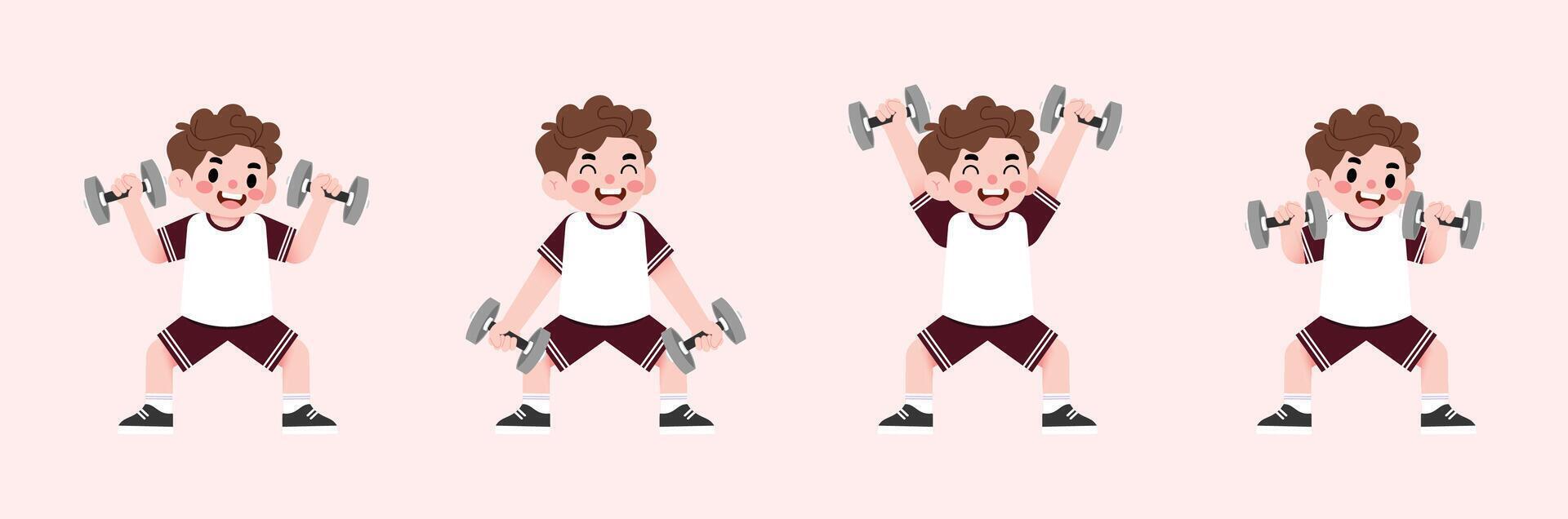 Cartoon boy doing dumbbell exercises vector