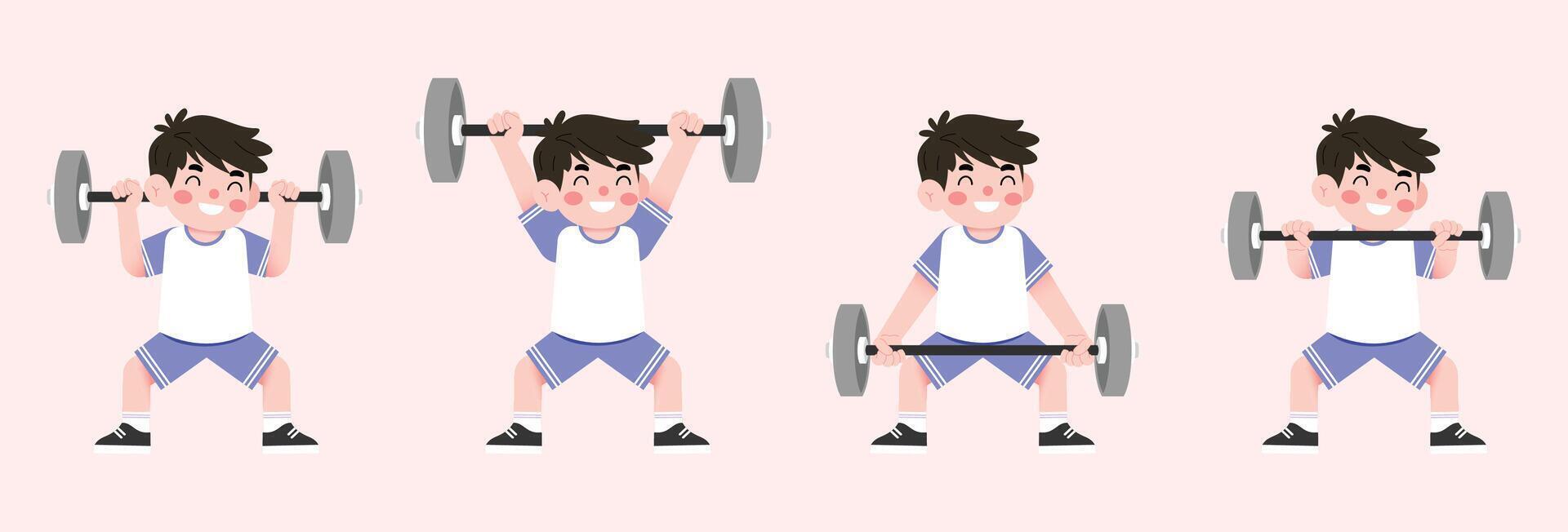 A cartoon boy doing squats with weights vector