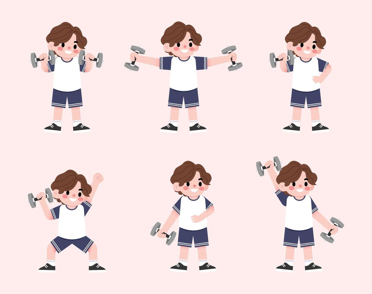 A boy doing various exercises with dumbbells vector