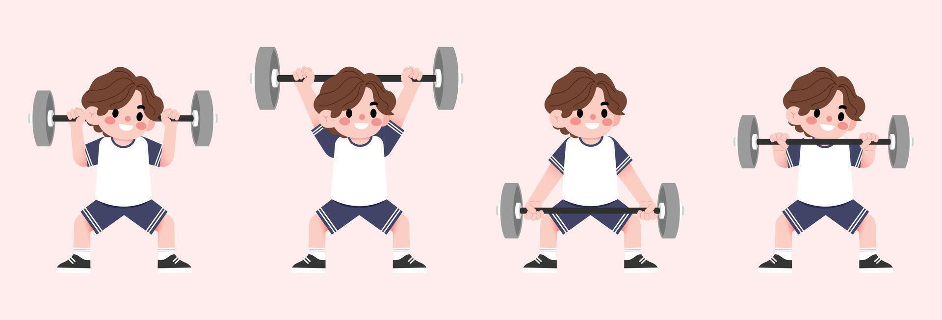 A cartoon boy lifting weights in different positions vector