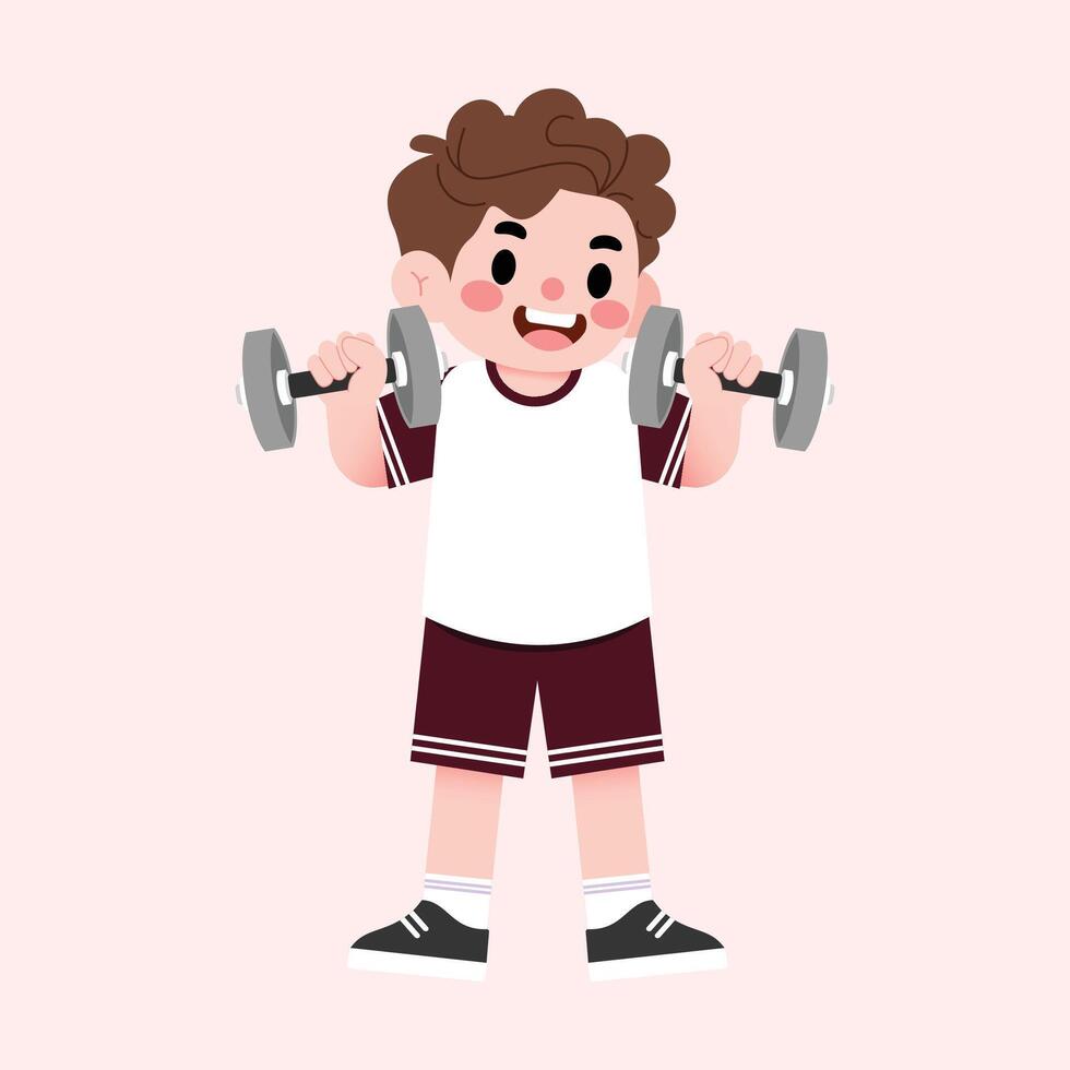 A boy is holding a dumbbell in his hand vector