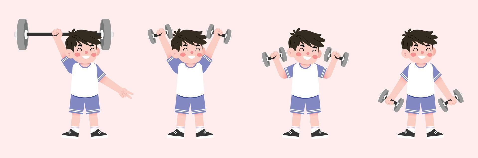 A boy doing different exercises with dumbbells vector