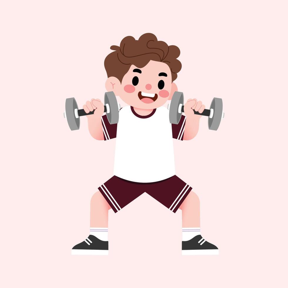 A boy is doing dumbbell exercises on a pink background vector