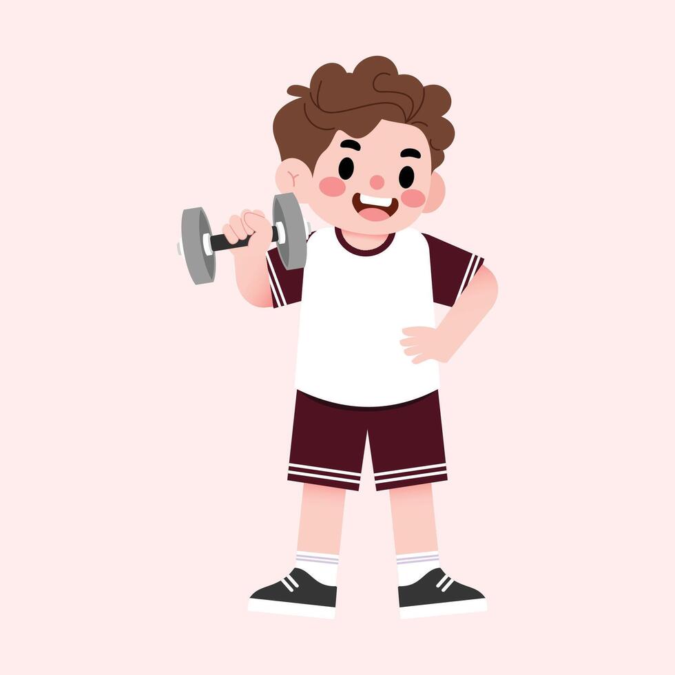 A boy holding a dumbbell in his hand vector