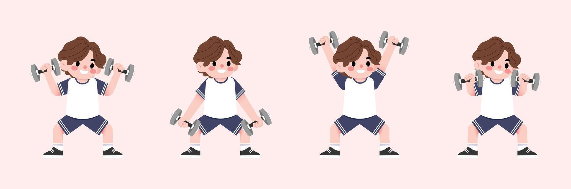 A cartoon boy doing dumbbell exercises vector