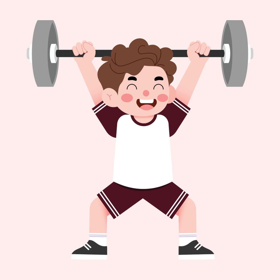 A boy lifting a barbell in a cartoon style vector