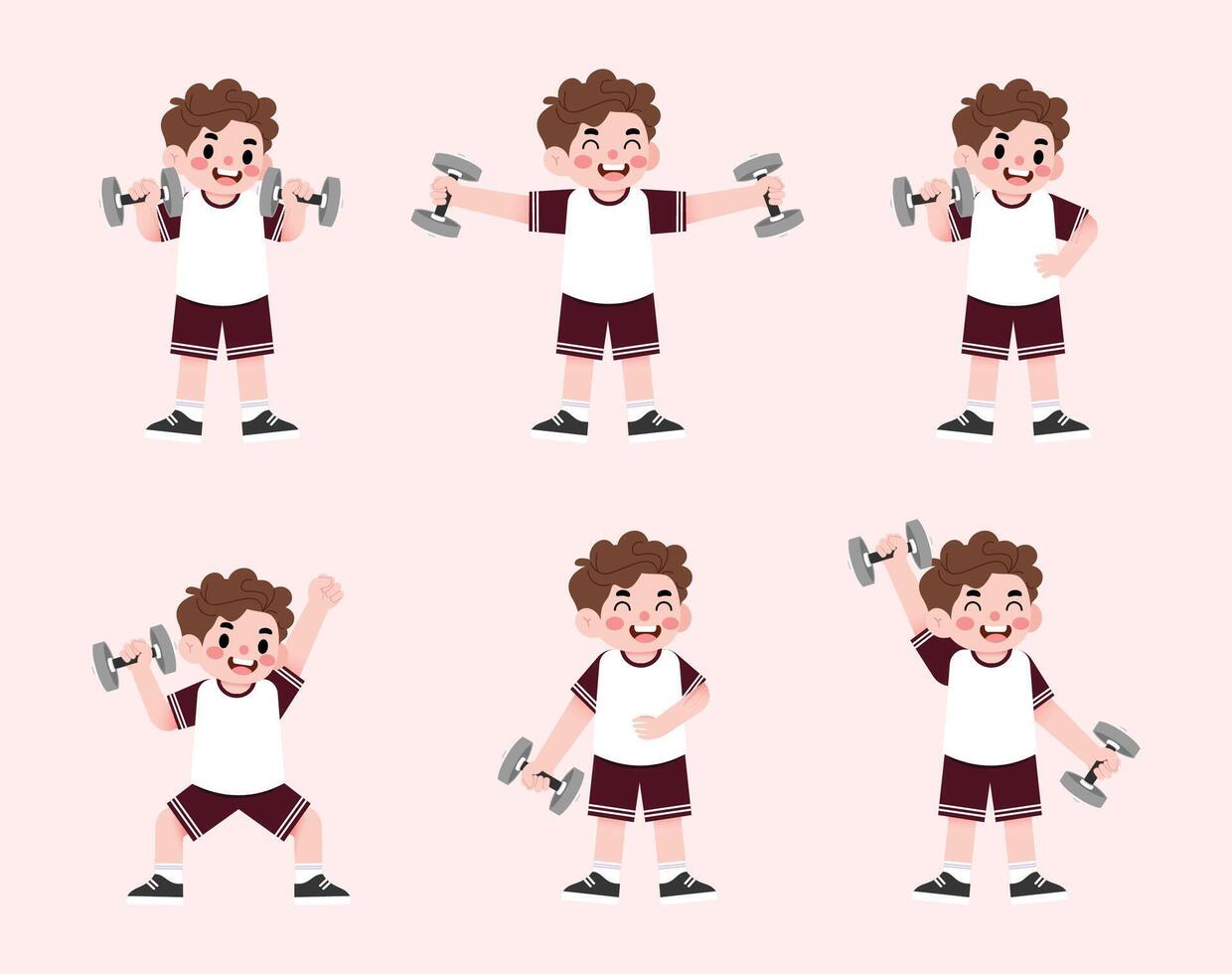 A boy doing various poses with dumbbells vector