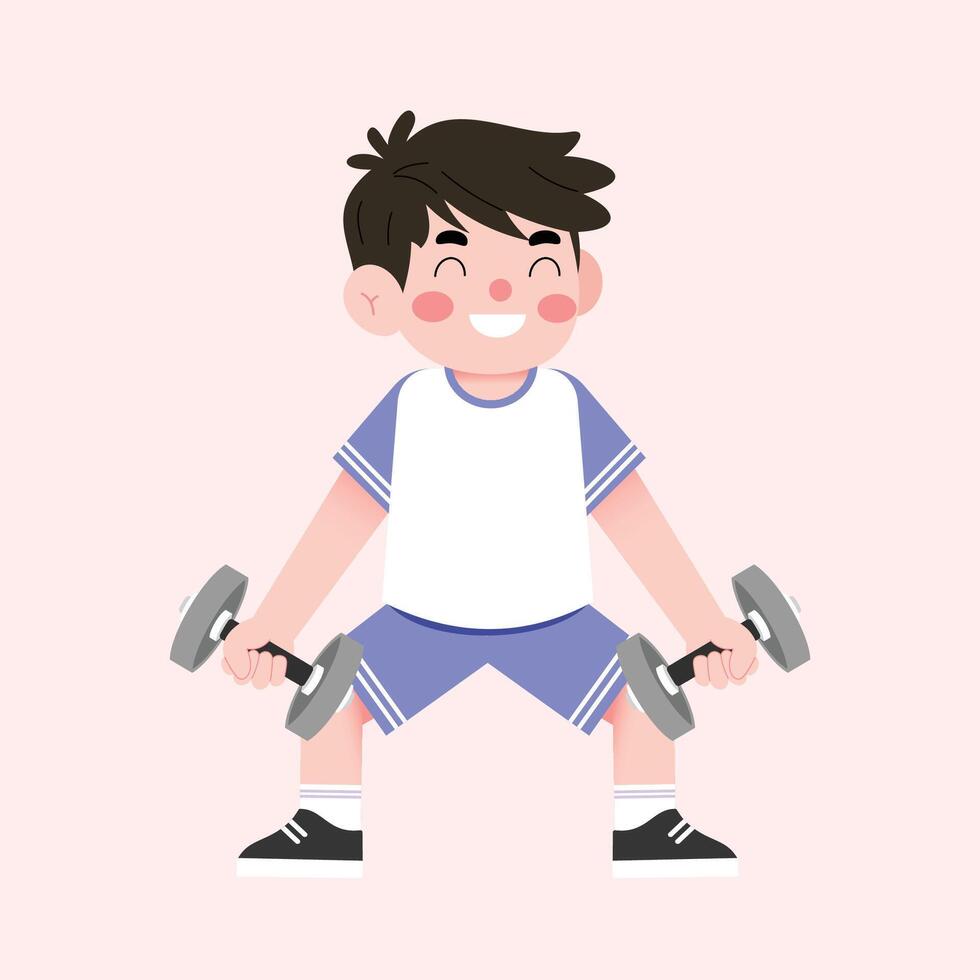 A boy is doing dumbbell exercises vector