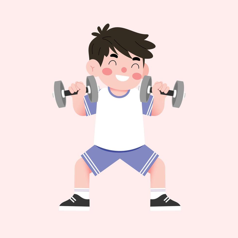 A cartoon boy lifting dumbbells vector