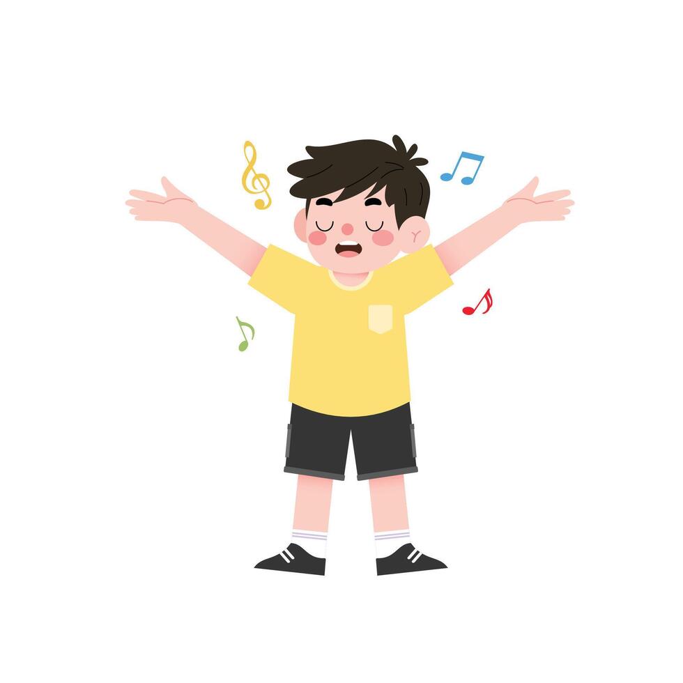 A boy is standing with his arms outstretched and music notes flying around him vector