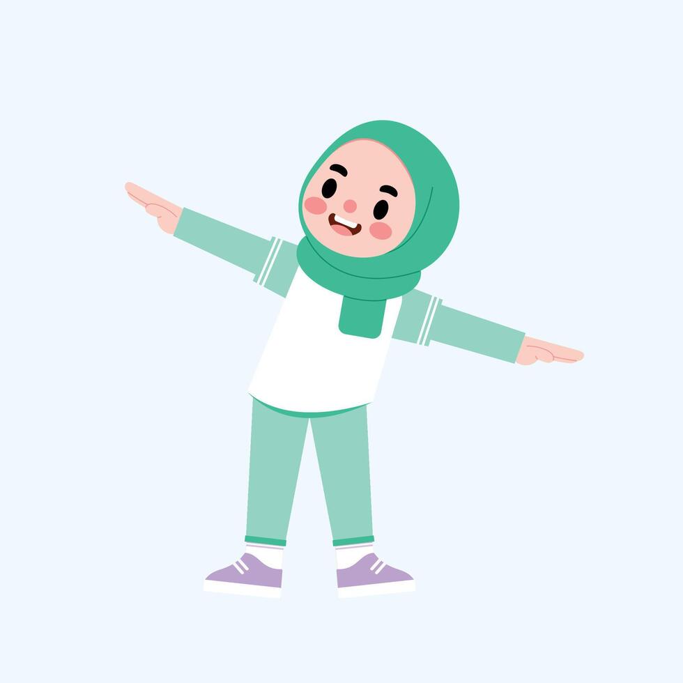 A cartoon girl wearing a green hijab and pointing vector