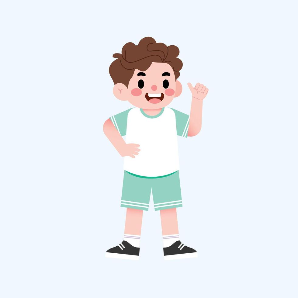 A boy in a green shirt and shorts is pointing his finger vector