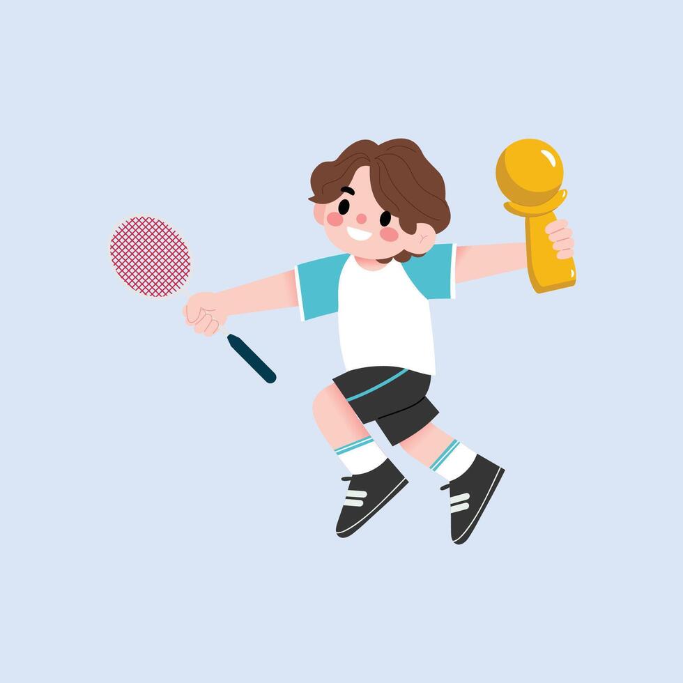 A cartoon boy playing badminton with a trophy vector