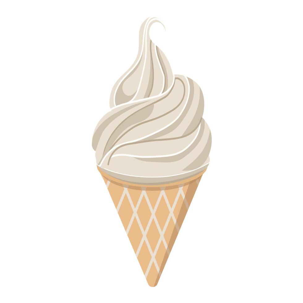 Flat illustration of vanilla ice cream in a waffle cone. Beige and white ice cream on white background. Swirl of soft serve ice cream. Illustration of a sweet dessert. vector