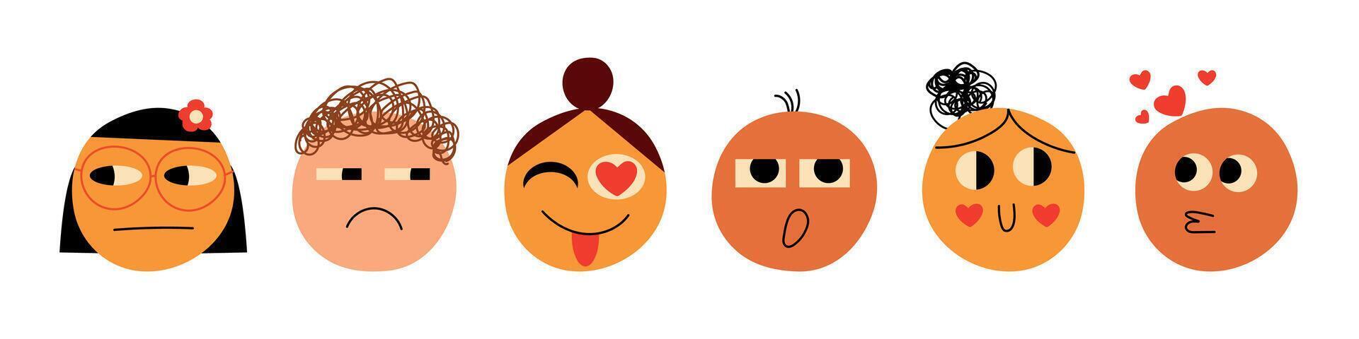 Love doodle face set. Happy Valentines day. Round abstract comic faces with various emotions. Different colorful characters. Flat design. Groovy lovely funny faces stickers. Love concept. vector
