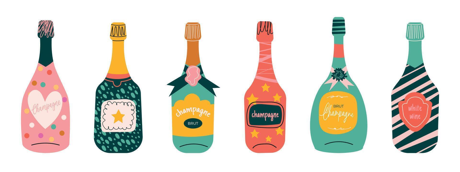 Doodle wine bottles. Various Bottles. Bottles of Different shapes and colors. Champagne, Brut, Sparkling wines. Hand drawn colorful illustrations. Celebration concept. vector