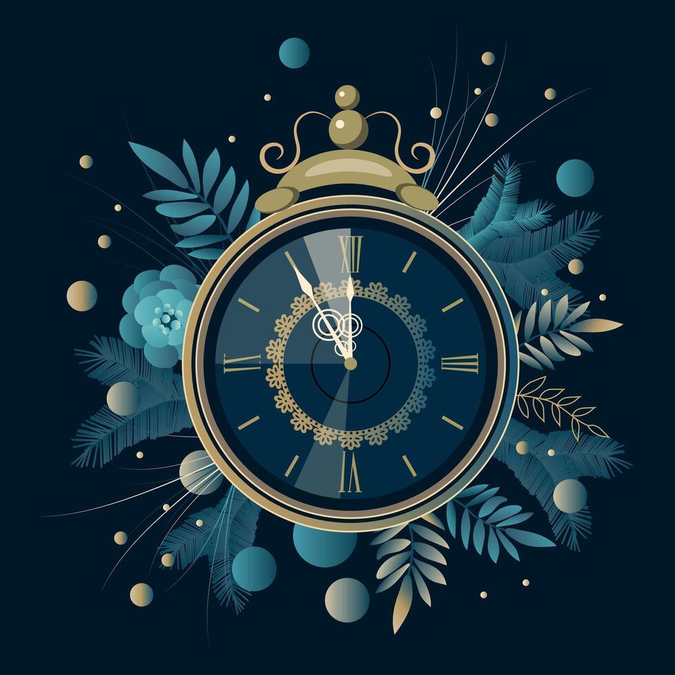 Clock dial with Roman numerals on a background of fantastic branches and flowers. New Year Countdown and chimes. Five minutes before twelve. vector