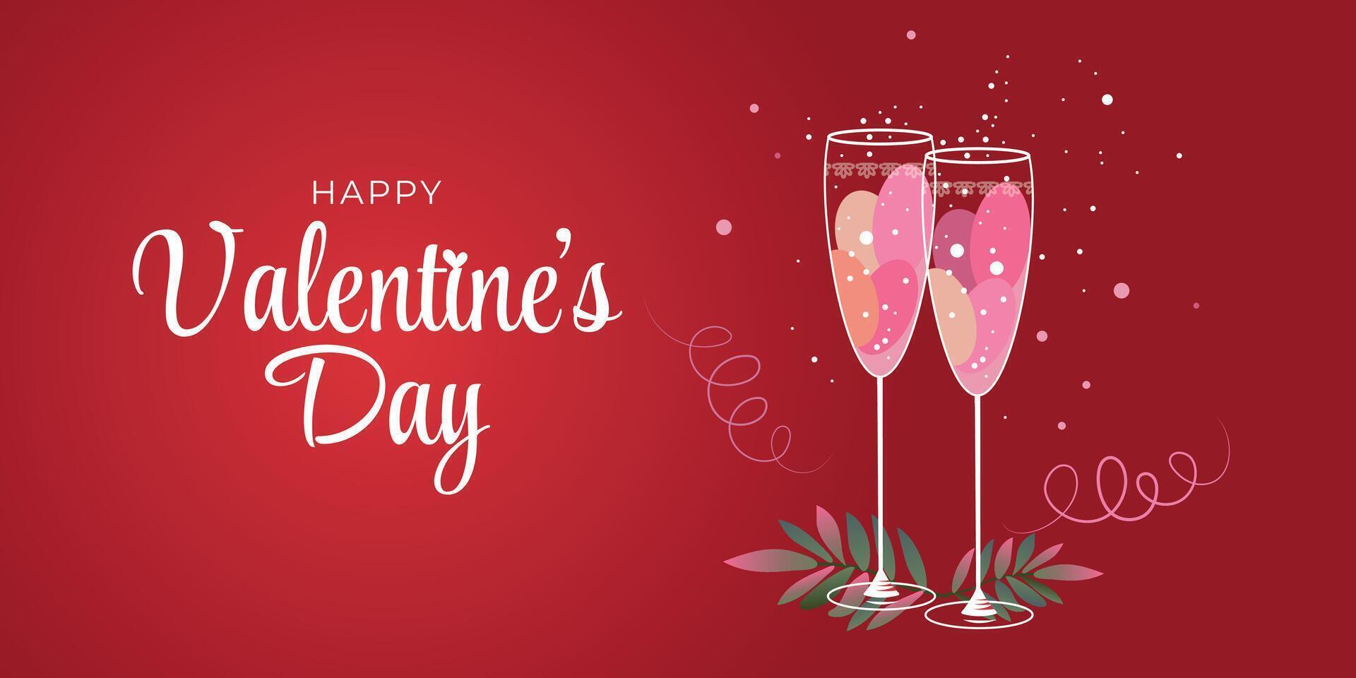 Valentines date background design. Holiday card. Happy valentine's day text with romantic elements like glasses of champagne vector