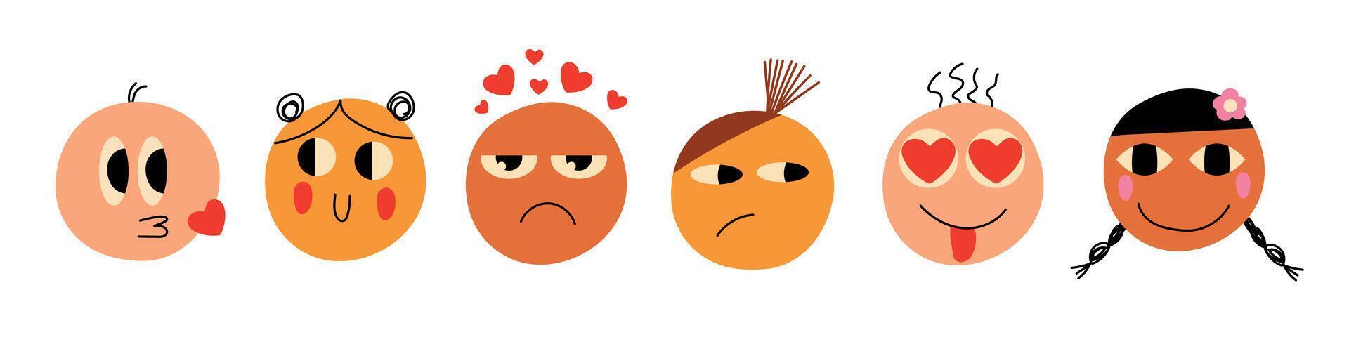 Love doodle face set. Round abstract comic faces with various emotions. Different colorful characters. Flat design. Groovy lovely funny faces stickers. Love concept. Happy Valentines day. vector
