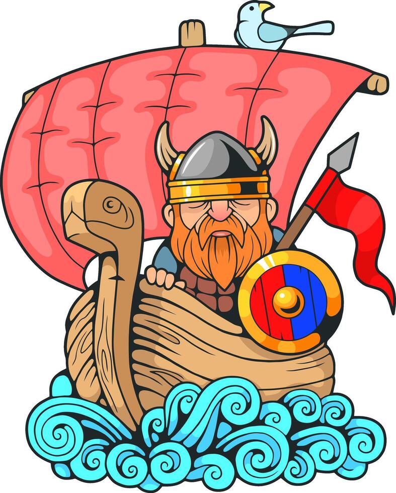 medieval Scandinavian viking on a ship, design illustration vector
