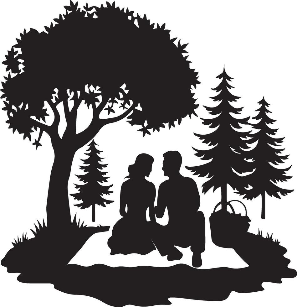 Couple Enjoying Romantic Picnic in the Forest Silhouette Art Illustration on a white background vector
