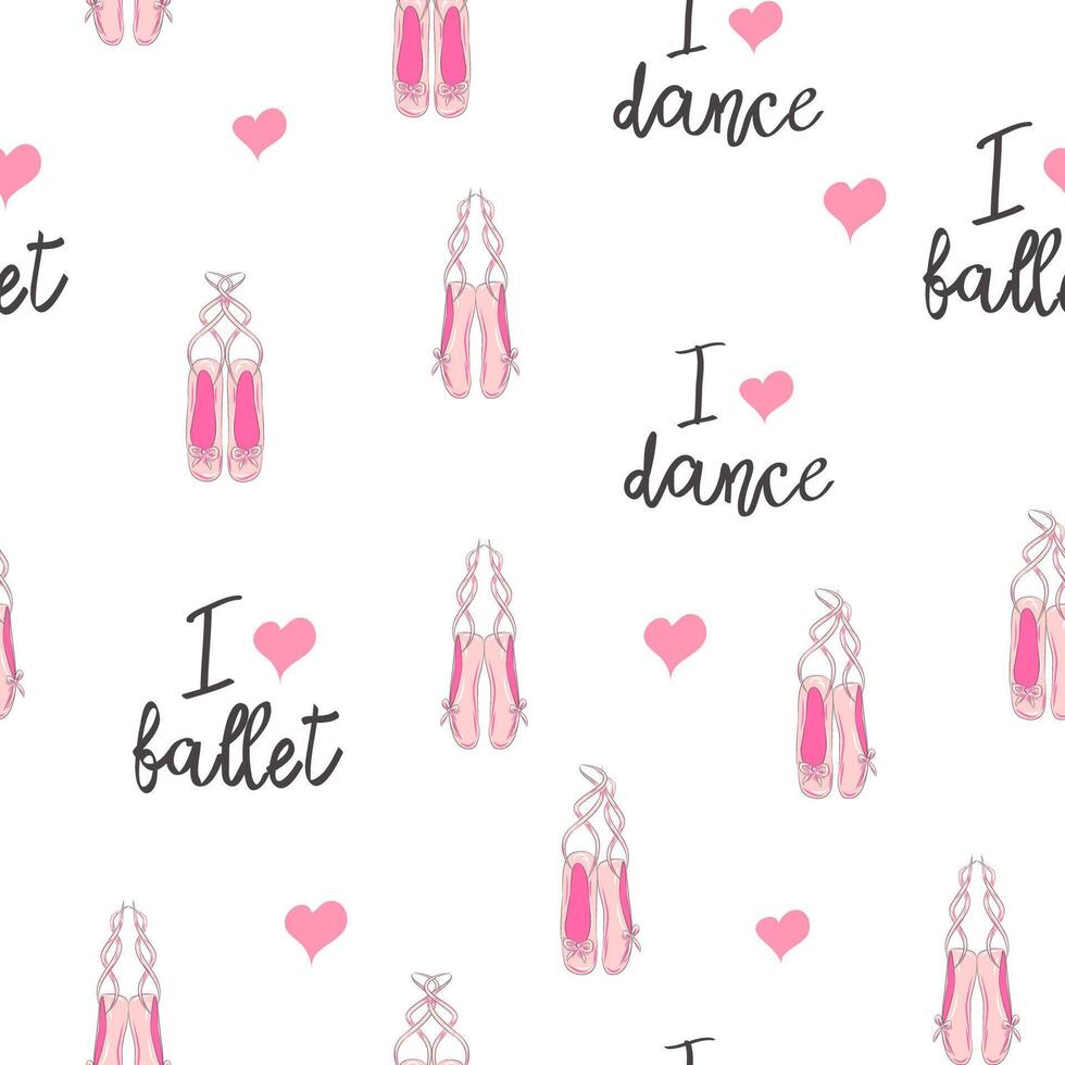 Seamless pattern with ballet pointe shoes and additional elements, imitation of a sketch, watercolors. Ballet school vector