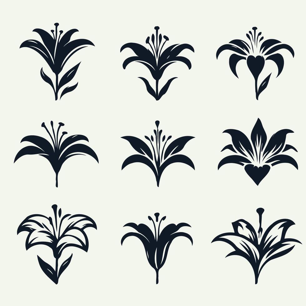 Set of black and white flowers, illustration, set of hand drawn black outline lily flowers isolated on white background vector