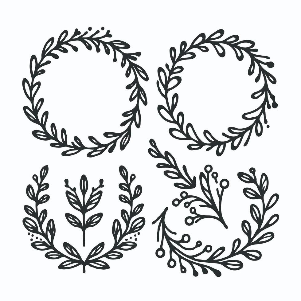Adobe Illustrator Artwork, wild flowers, floral frame in black lineart style, branch wreathes set in hand drawn design. Laurel leaves wreath. vector