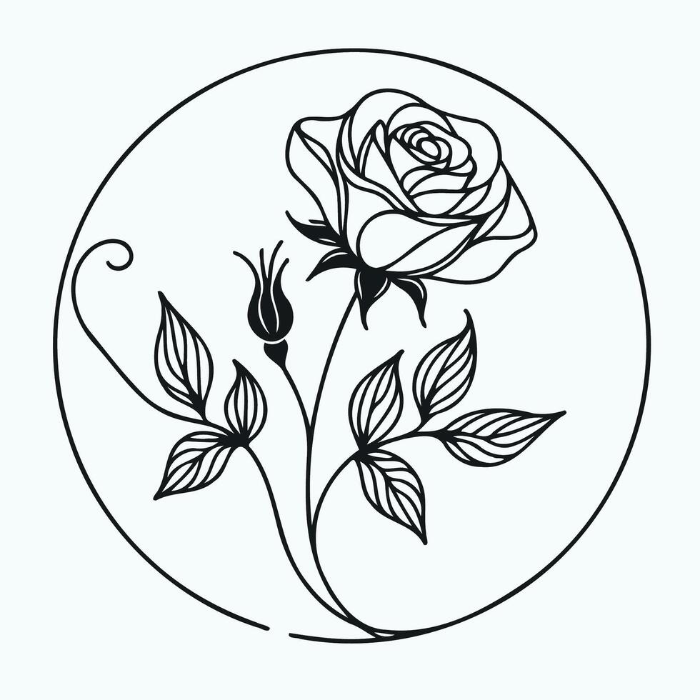 A rose is drawn in a circle with leaves vector