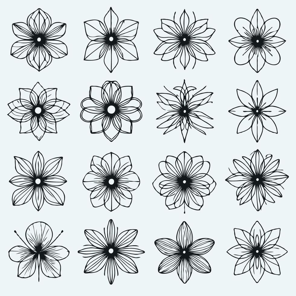 A set of black and white flowers, Set abstract elegant line art flower and leaf. Continuous boho line art silhouette of floral artwork vector